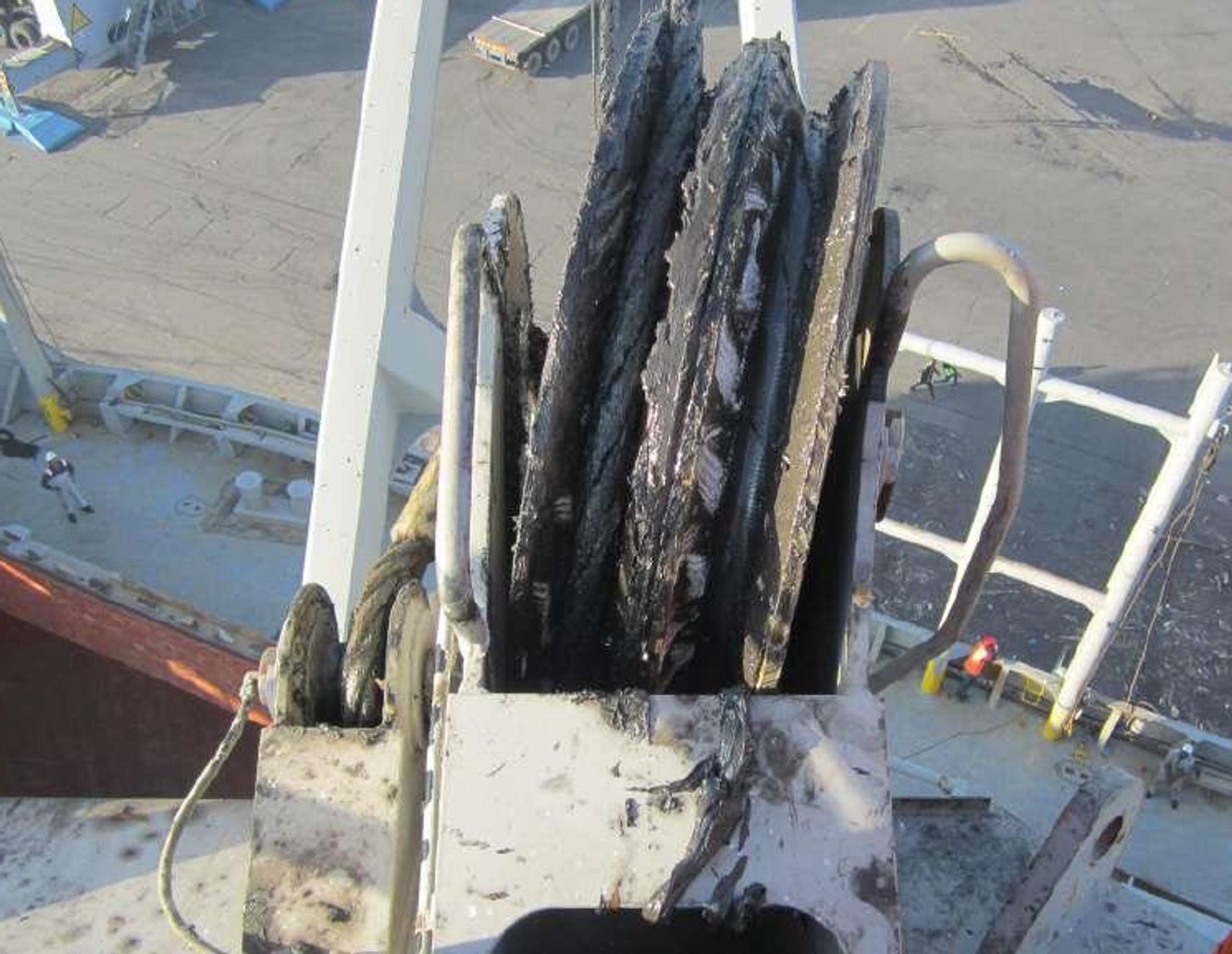 This image shows a wire sheave  which has been  damaged