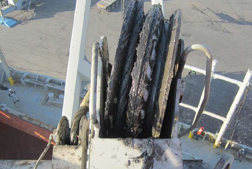 This image shows a wire sheave  which has been  damaged