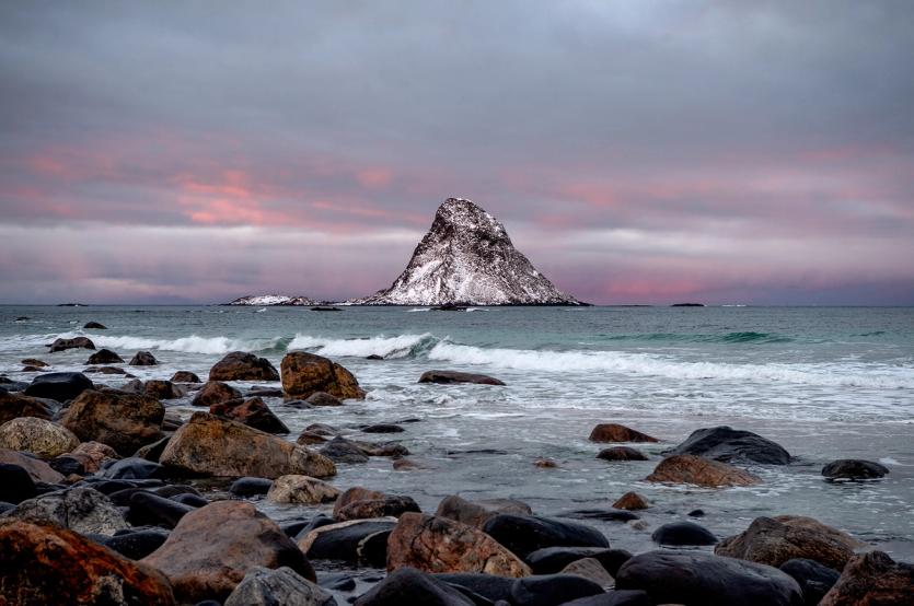 A mountainous outcrop off the Norwegian coast