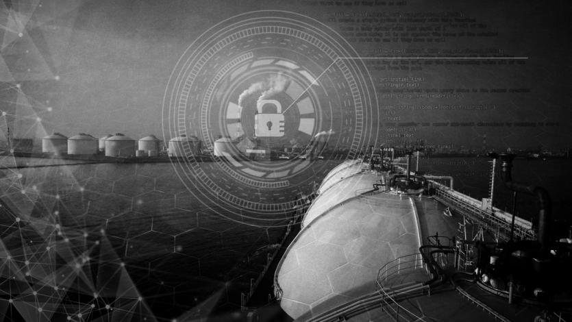 A tanker vessel is seen together with a symbol conveying cyber security