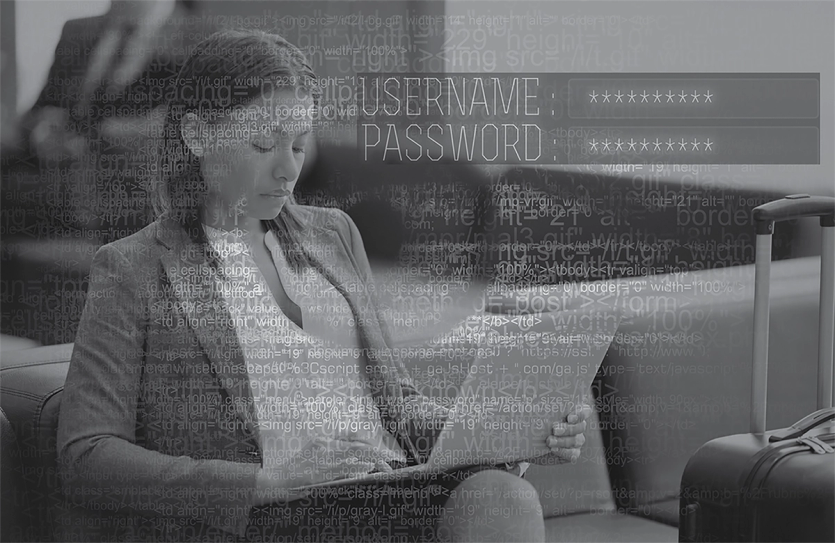 A woman uses her laptop while another image suggests password hacking by a third party