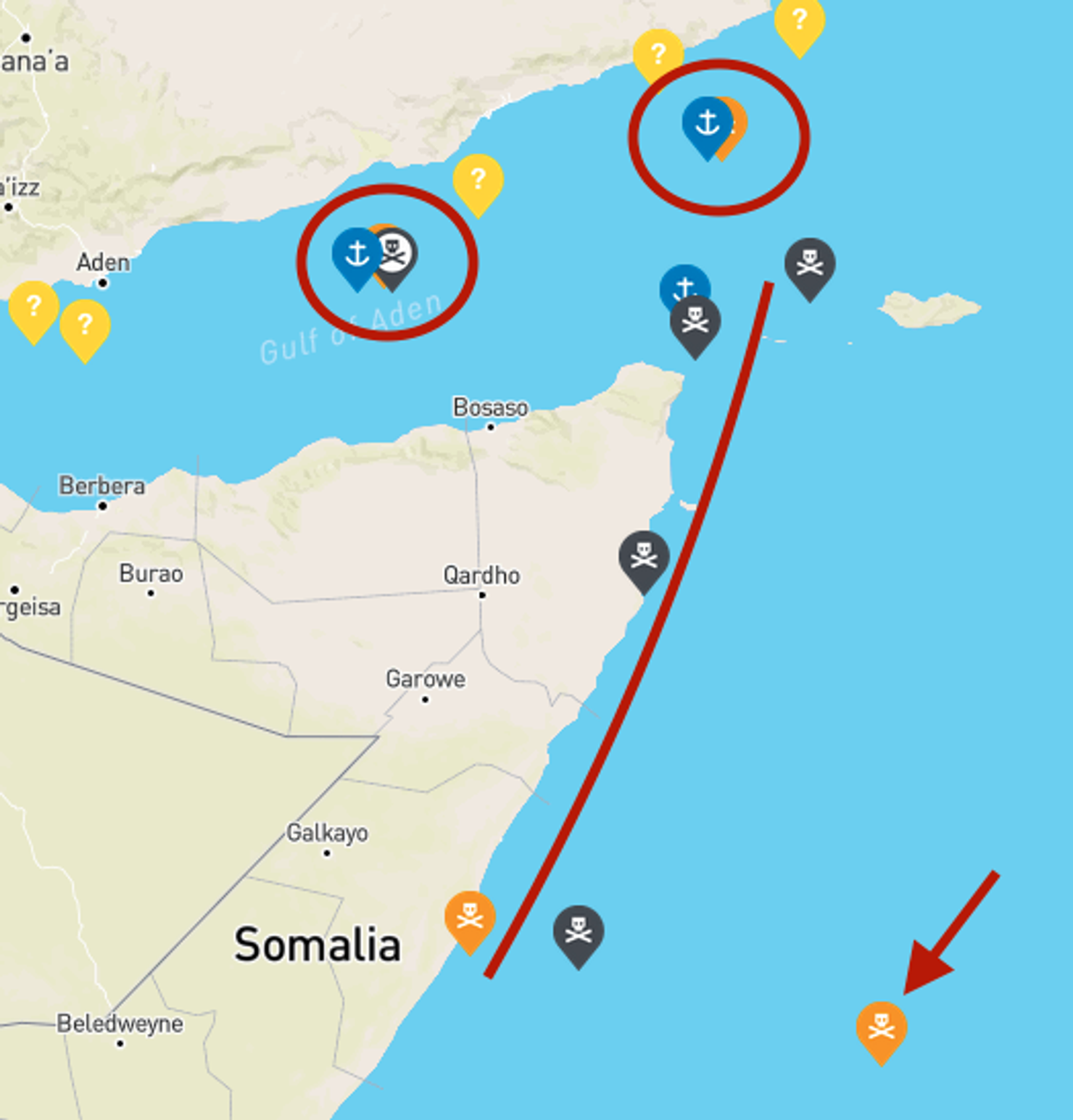 Gulf of Aden map showing two merchant vessel attacks OS 35 and ALHEERA with naval actions (circled); dhow attacks close offshore Somalia (curved line); and the CPO KOREA attack in October 2016, the first merchant vessel attack since 2014. Yellow icons are suspicious approaches by skiffs on vessels.