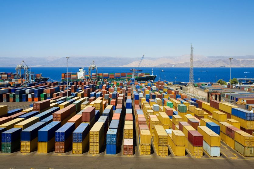 Row upon row of shipping containers at a port