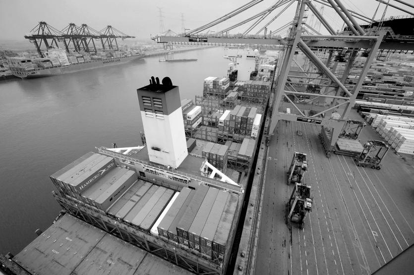 A large container vessel docked in Antwerp