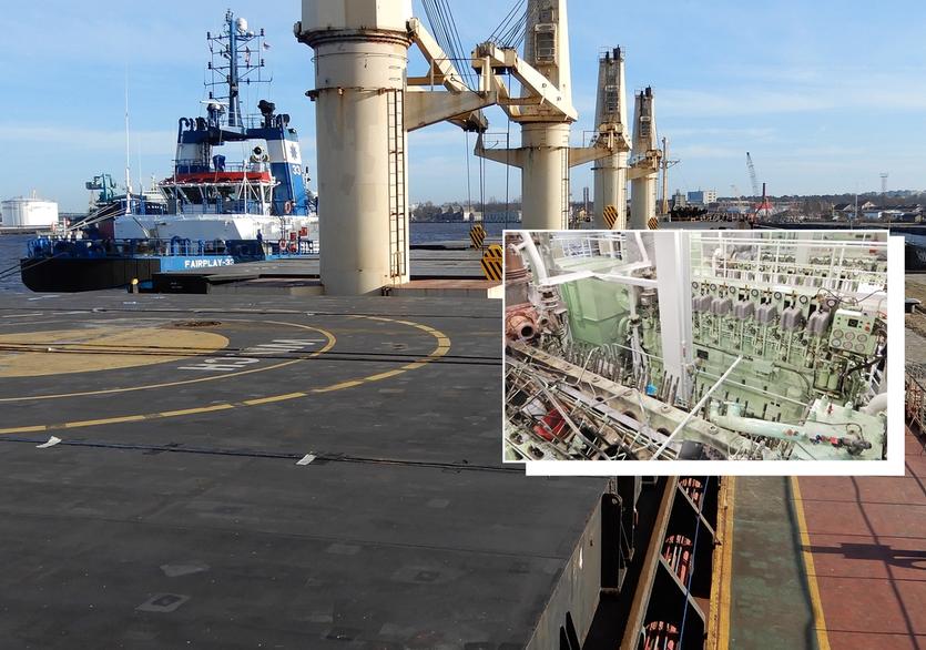 Deck cranes with an inset image of a engine machinery