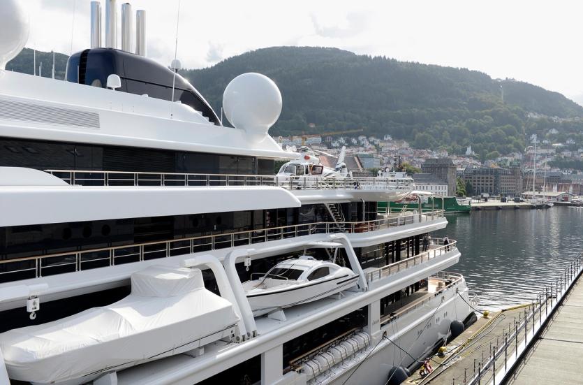 A super-yacht is seen moored in Bergen, Norway