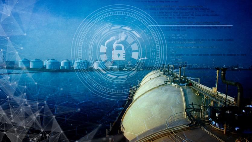 An LNG tanker is seen against a backdrop of computer code