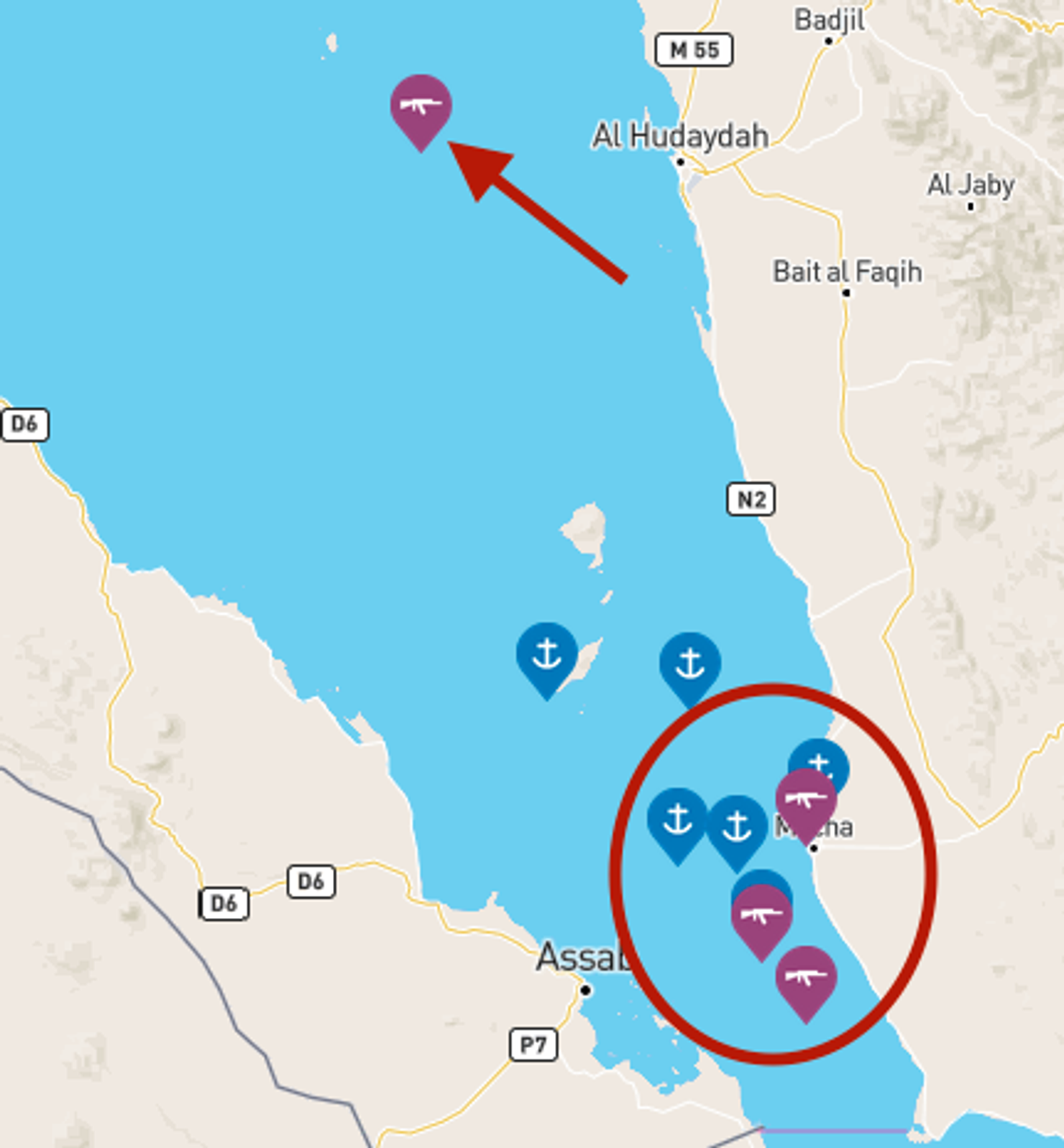 Red Sea map showing the cluster of missile attacks in October 2016 (circled) and AL MADINAH missile attack offshore Hudaydah in January 2017 (arrow).