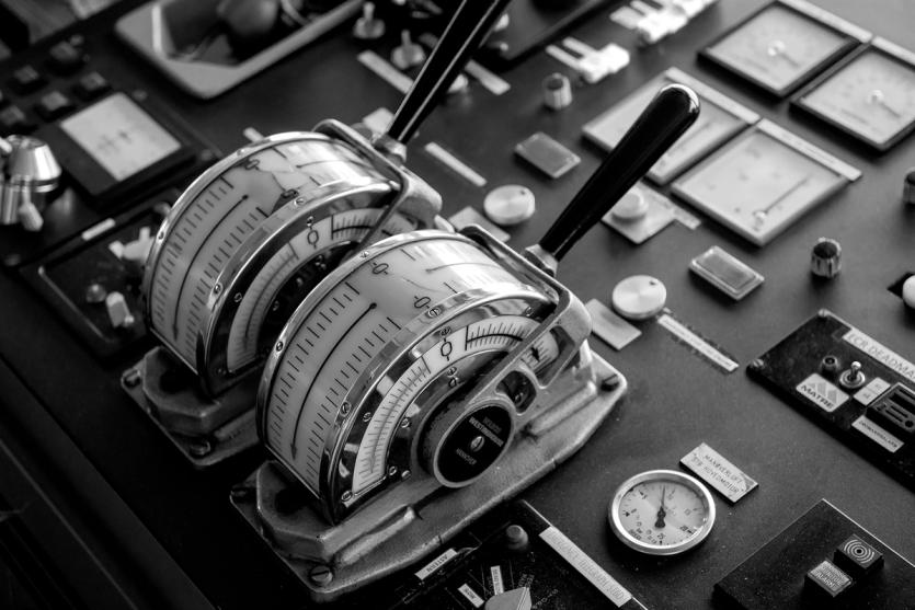 Controls on the bridge of a ship