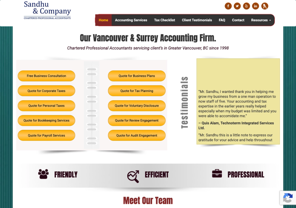 官网首页截图 · 2026-10-25 Sandhu & Company , CPA -Accountant Vancouver | Surrey | Downtown 官网首页截图