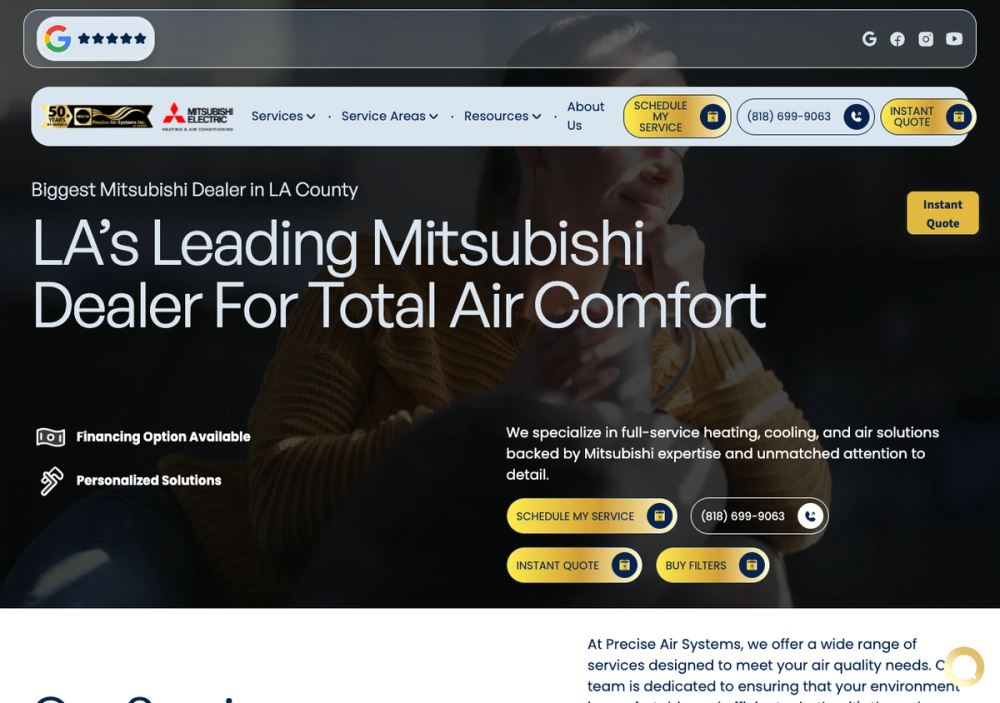 Precise Air Systems Inc. 官网首页截图