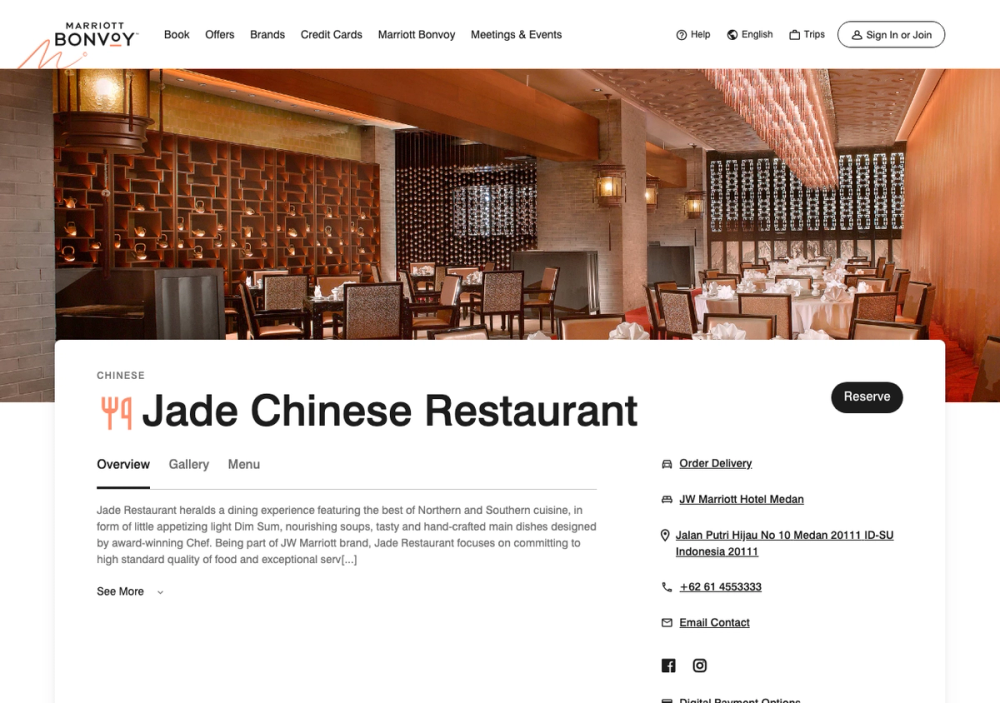Jade Chinese Restaurant（JW Marriott Medan） 官网首页截图