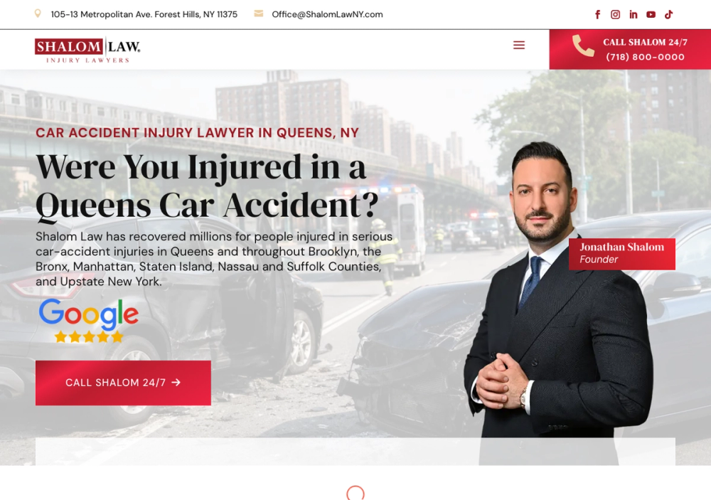 官网首页截图 · 2026-10-12 Shalom Law- Car Accident & Personal Injury Lawyers- Queens, NY. 官网首页截图