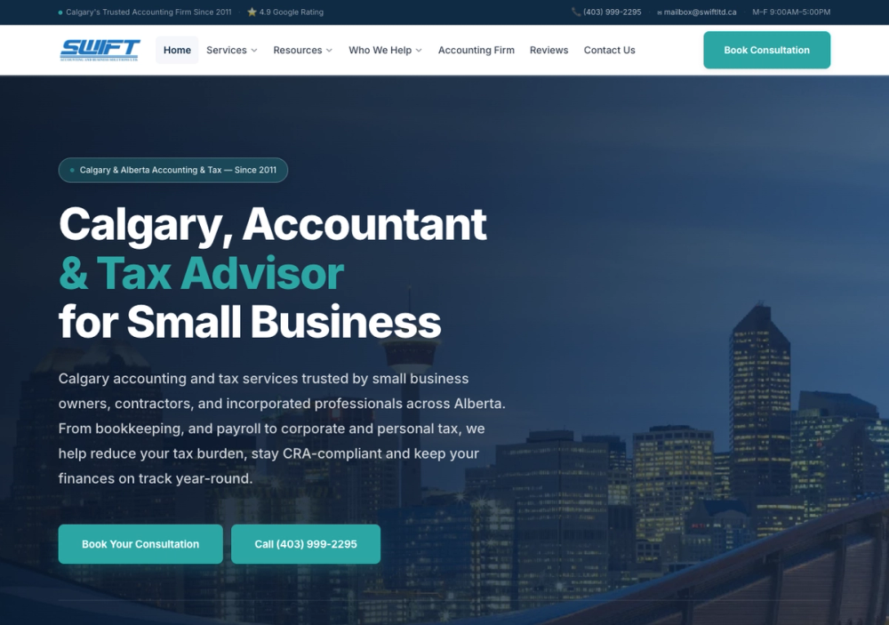 官网首页截图 · 2026-10-23 Swift Accounting and Business Solutions Ltd. 官网首页截图