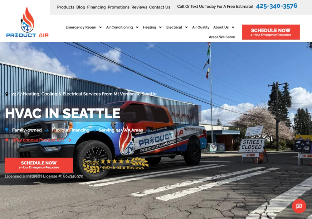 Product Air Heating, Cooling, and Electric Seattle 官网首页截图