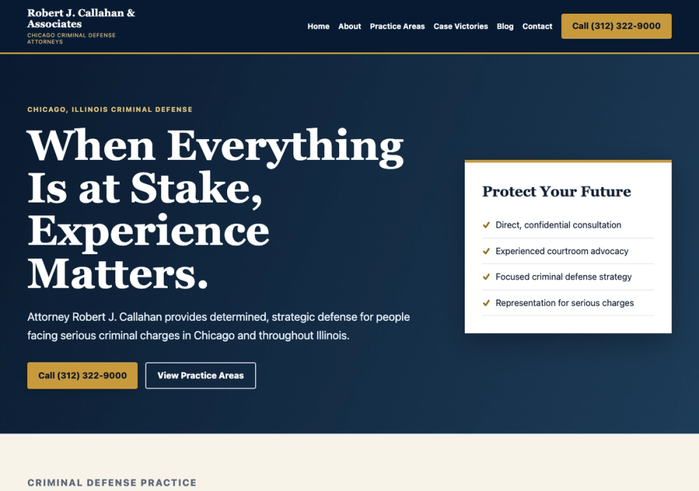 官网首页截图 · 2026-10-22 Robert J Callahan | Chicago Criminal Defense Lawyers 官网首页截图