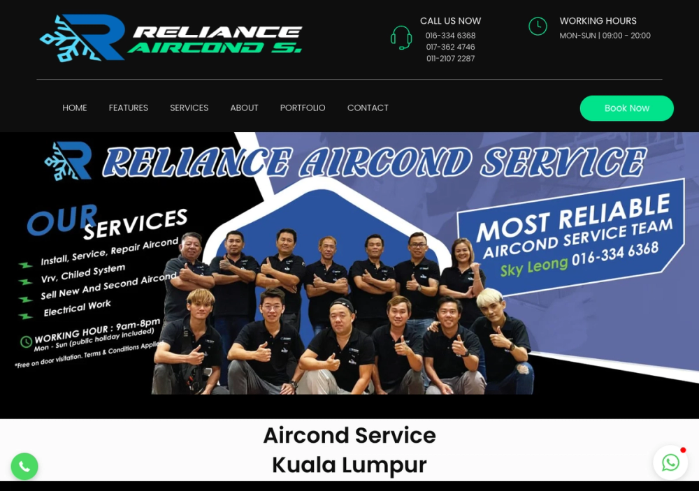 官网首页截图 · 2026-10-16 Reliance Aircond Service 官网首页截图