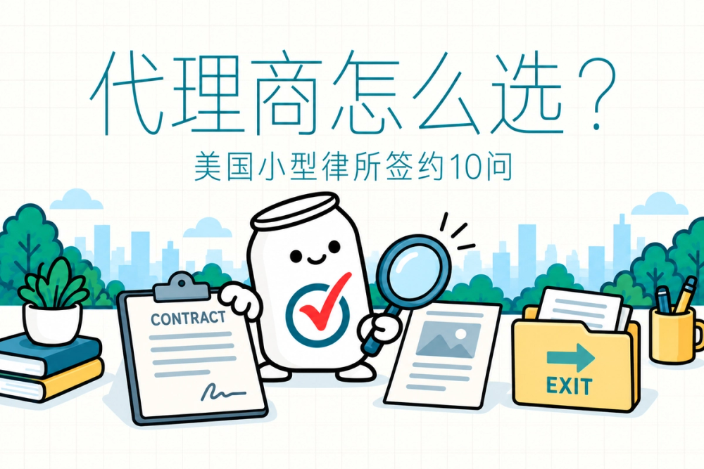 易拉罐小人拿放大镜核对合同、报告和退出文件，提示美国小型律所签约前的10个问题。