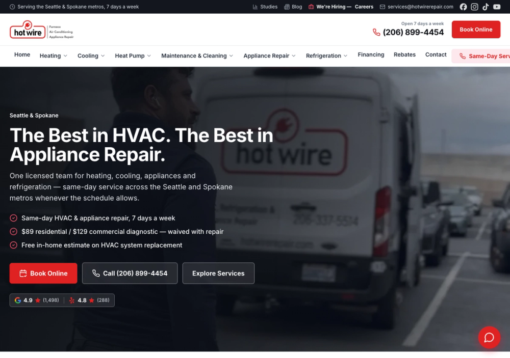 HotWire Furnace, Air Conditioning & Appliance Repair Seattle 官网首页截图