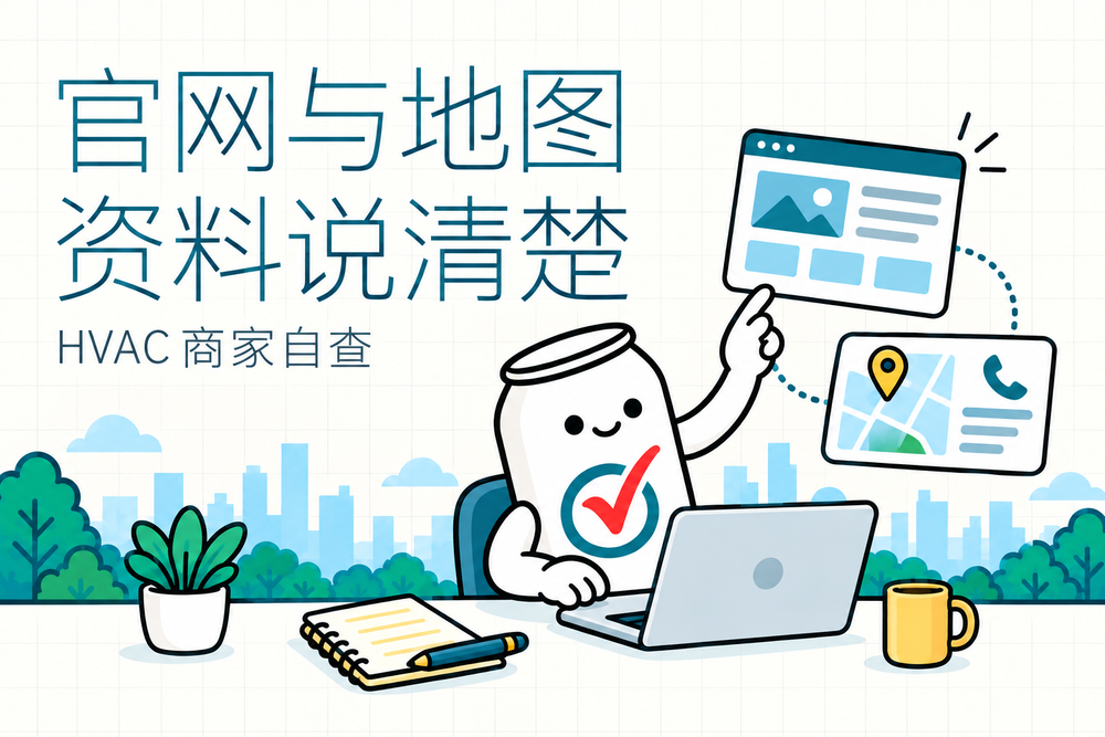 Canny 罐子向导连接服务卡与电话、地点卡，提示 HVAC 商家把官网和地图资料说清楚。
