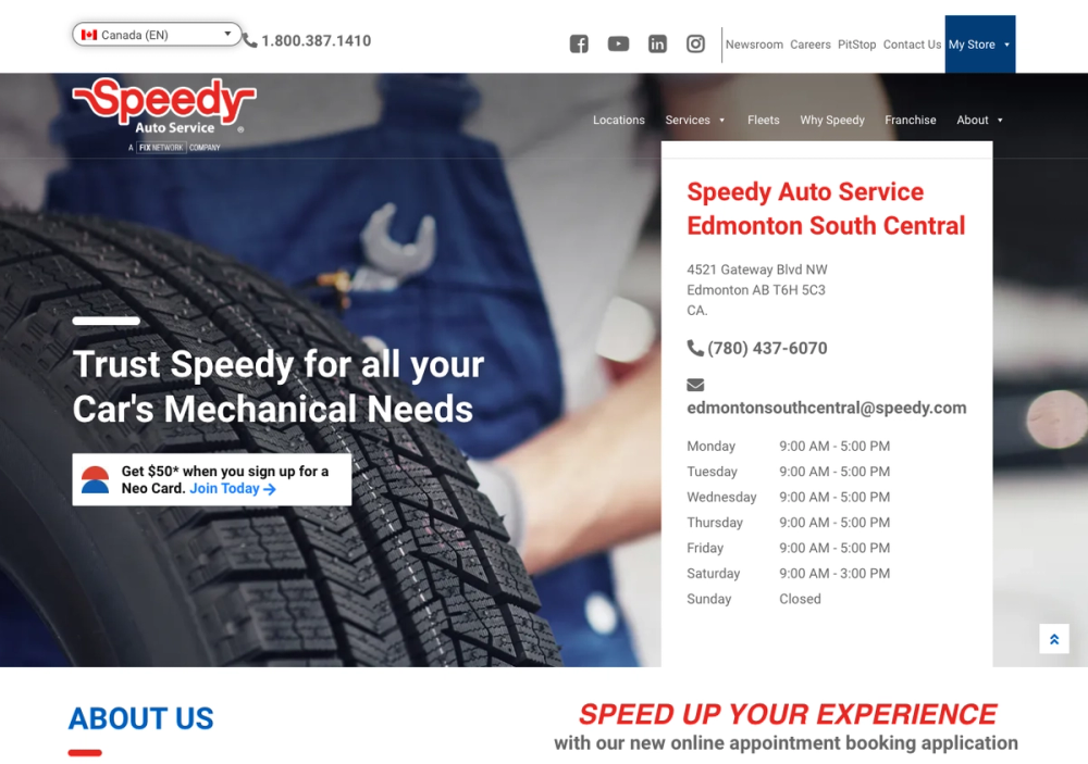 Speedy Auto Service Edmonton South Central 官网首页截图