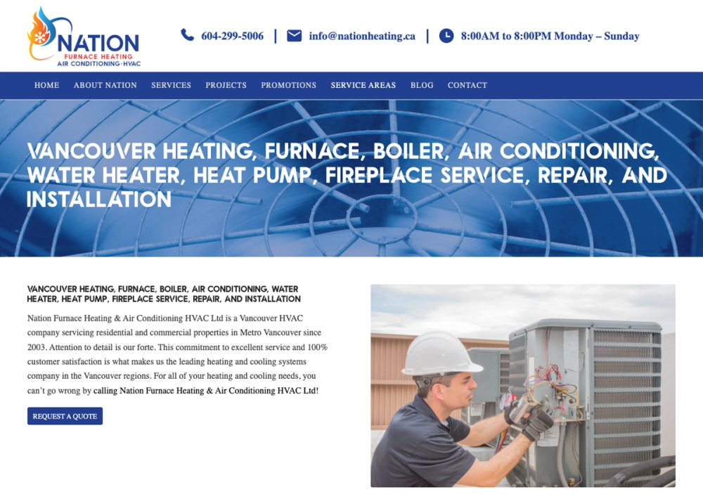 官网首页截图 · 2026-10-13 Nation Furnace Heating & Air Conditioning HVAC Ltd. 官网首页截图