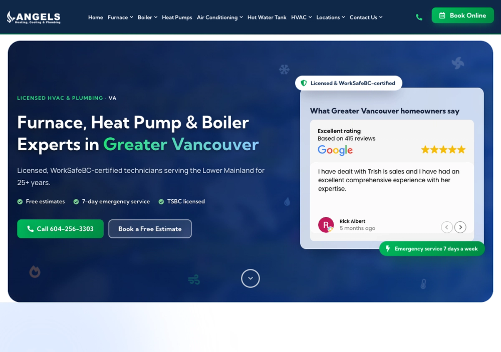 官网首页截图 · 2026-10-15 Angels Heating & Cooling Ltd 官网首页截图