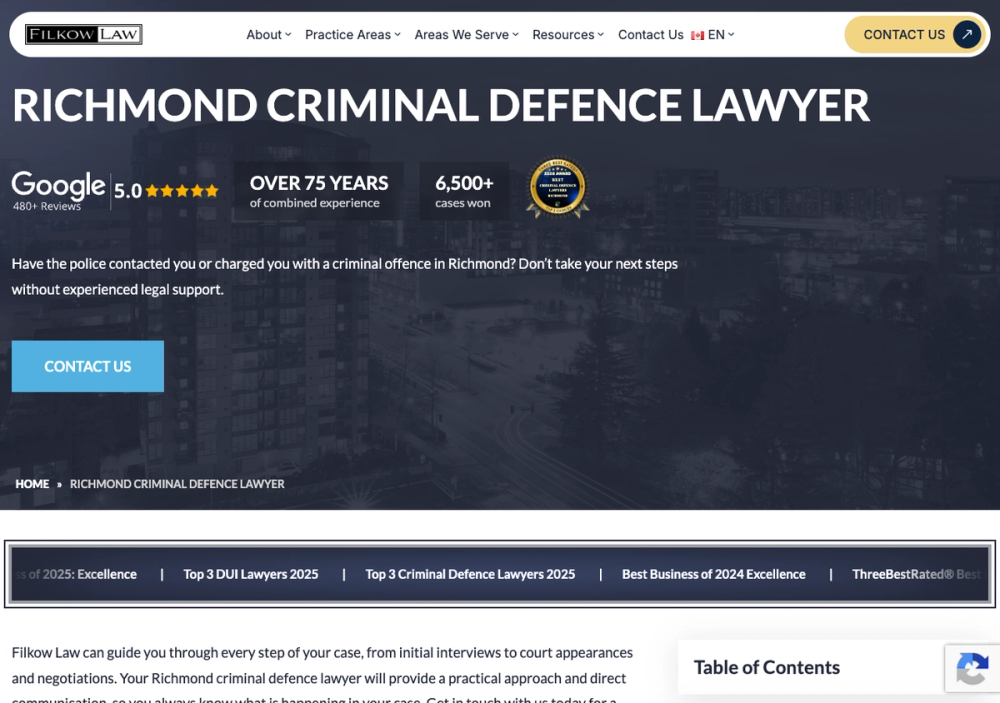 官网首页截图 · 2026-10-20 Filkow Law Richmond 官网首页截图