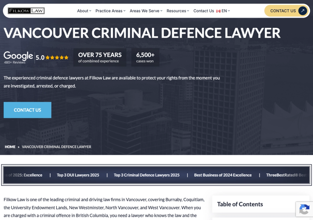 官网首页截图 · 2026-10-18 Filkow Law Vancouver 官网首页截图