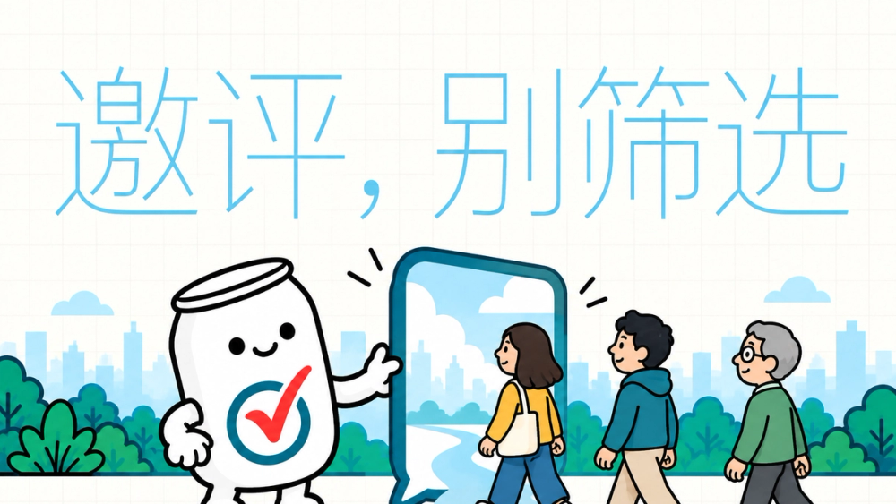 易拉罐小人向不同反馈的顾客展示同一评价入口，说明满意度不应成为公开邀评的门槛。