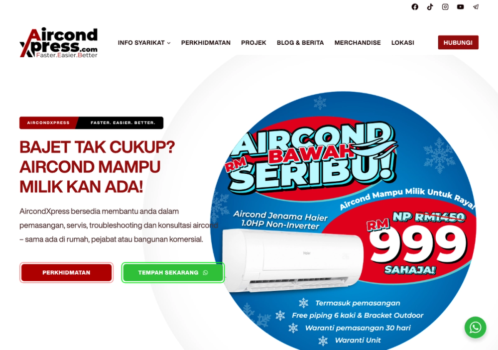 AircondXpress (Formerly Known As NM Aircond Sdn Bhd) 官网首页截图
