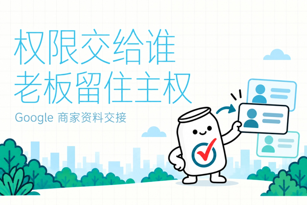 易拉罐小人示意商家老板通过独立用户卡片为员工和代理商分配 Google 商家资料权限。 易拉罐小人示意商家老板通过独立用户卡片为员工和代理商分配 Google 商家资料权限。