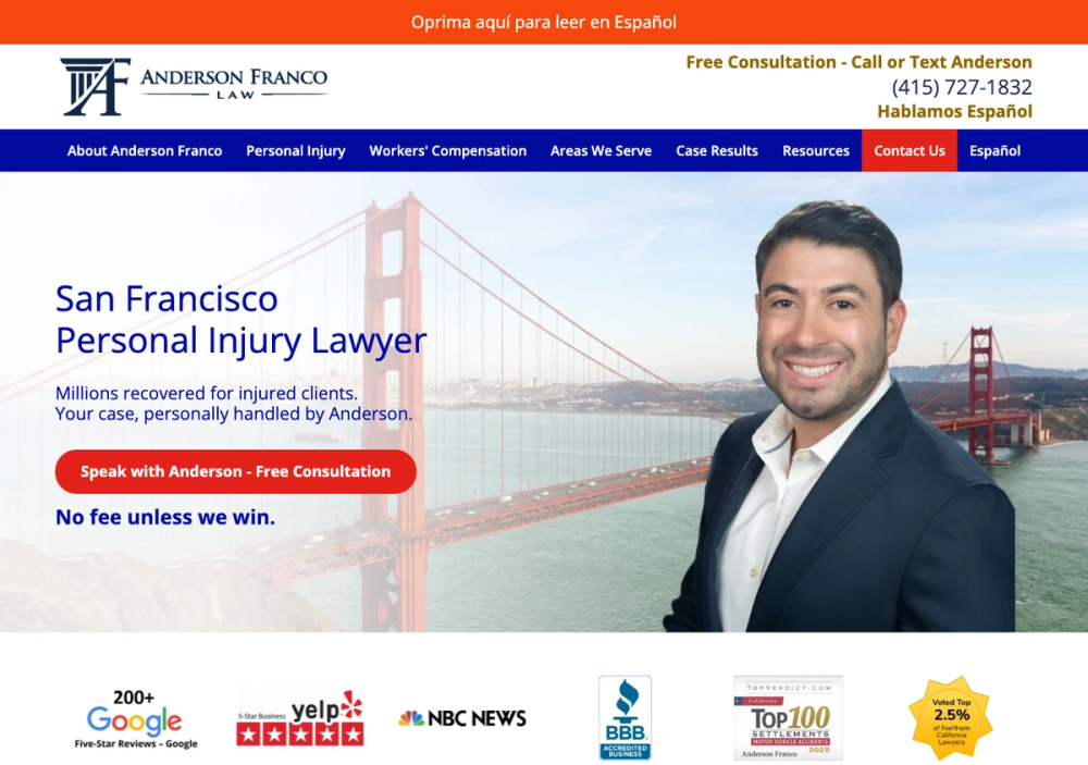 官网首页截图 · 2026-10-18 Anderson Franco Law 官网首页截图