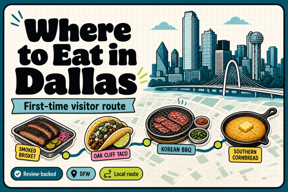 AI-generated editorial guide cover for where to eat in Dallas as a first-time visitor