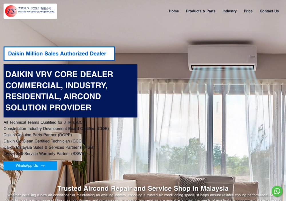 官网首页截图 · 2026-10-13 Tai Seng Air-Cond (Klang) Sdn Bhd 官网首页截图
