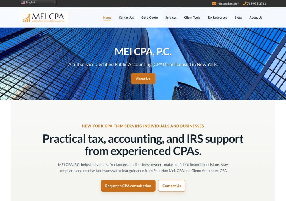 Mei CPA, P.C. 官网首页截图