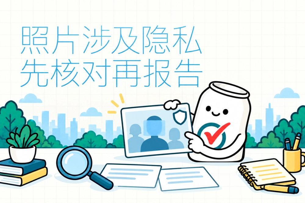 易拉罐小人检查照片中的抽象人物与隐私遮挡符号,提示先核对隐私问题再选反馈入口。 易拉罐小人检查照片中的抽象人物与隐私遮挡符号,提示先核对隐私问题再选反馈入口。