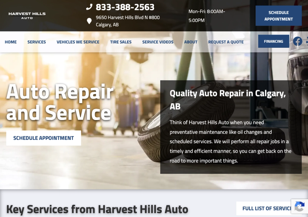 官网首页截图 · 2026-10-26 Harvest Hills Auto 官网首页截图