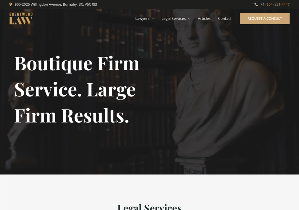 官网首页截图 · 2026-10-19 Brentwood Law Corporation 官网首页截图