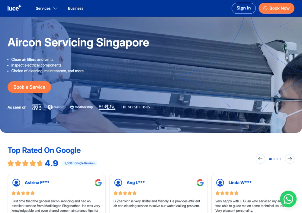 Luce Aircon Servicing Singapore | Oasis Aircon 官网首页截图