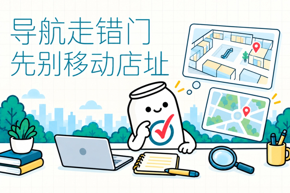 易拉罐小人对照商场内店铺位置与顾客入口，提示地址、点位和路线要分开核对。