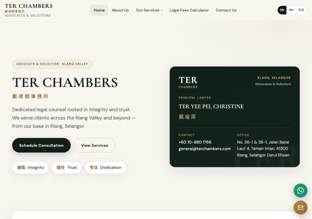 官网首页截图 · 2026-10-19 Ter Chambers (Advocates & Solicitors) - Klang 官网首页截图
