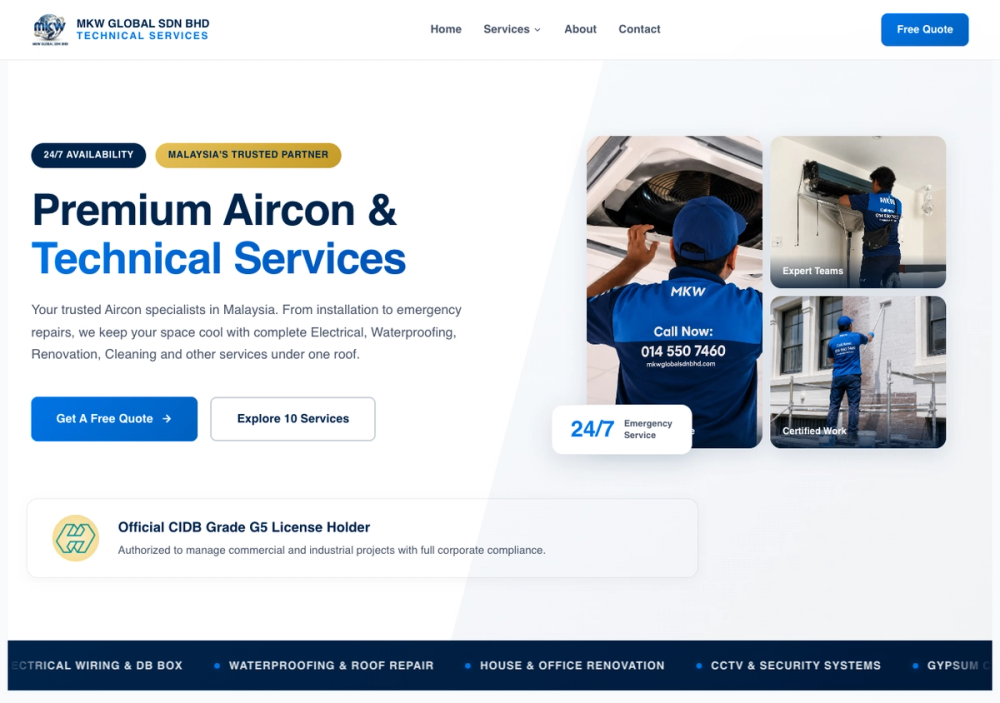 官网首页截图 · 2026-10-17 MKW GLOBAL SDN.BHD - Aircon Service Shah Alam & Klang Valley 官网首页截图