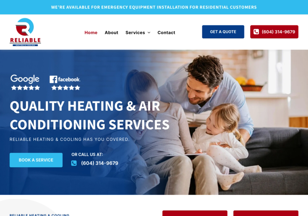 官网首页截图 · 2026-10-13 Reliable Heating & Cooling 官网首页截图