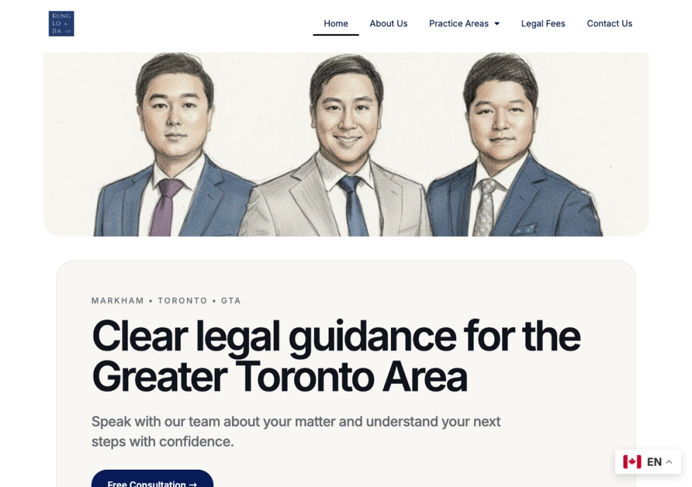 官网首页截图 · 2026-10-18 Kung, Lo & Jia LLP 官网首页截图