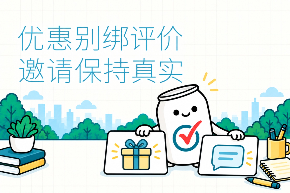 易拉罐小人把优惠券与评价邀请分开放置,提醒优惠不要以发布或修改评价为条件。 易拉罐小人把优惠券与评价邀请分开放置,提醒优惠不要以发布或修改评价为条件。