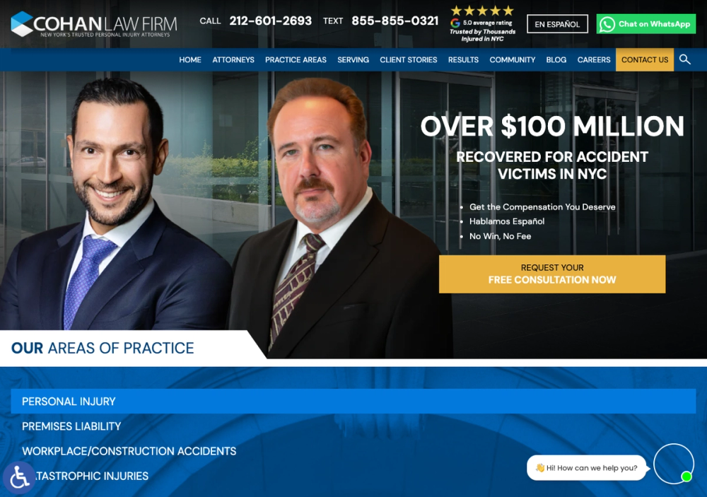 官网首页截图 · 2026-10-19 Cohan Law Firm - New York City Injury & Accident Lawyer 官网首页截图
