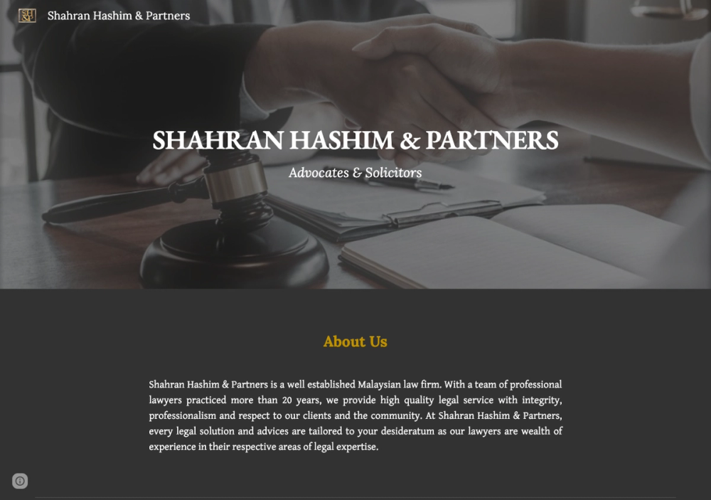 官网首页截图 · 2026-10-20 Shahran Hashim & Partners 官网首页截图