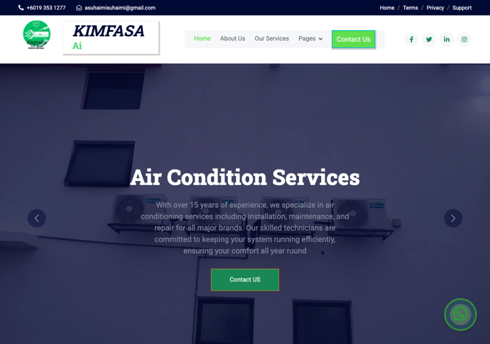官网首页截图 · 2026-10-15 Kimfasa Aircond & Electric Service 官网首页截图