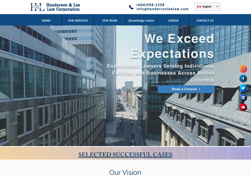 官网首页截图 · 2026-10-19 Henderson & Lee Law Corporation 捍理律师事务所 官网首页截图